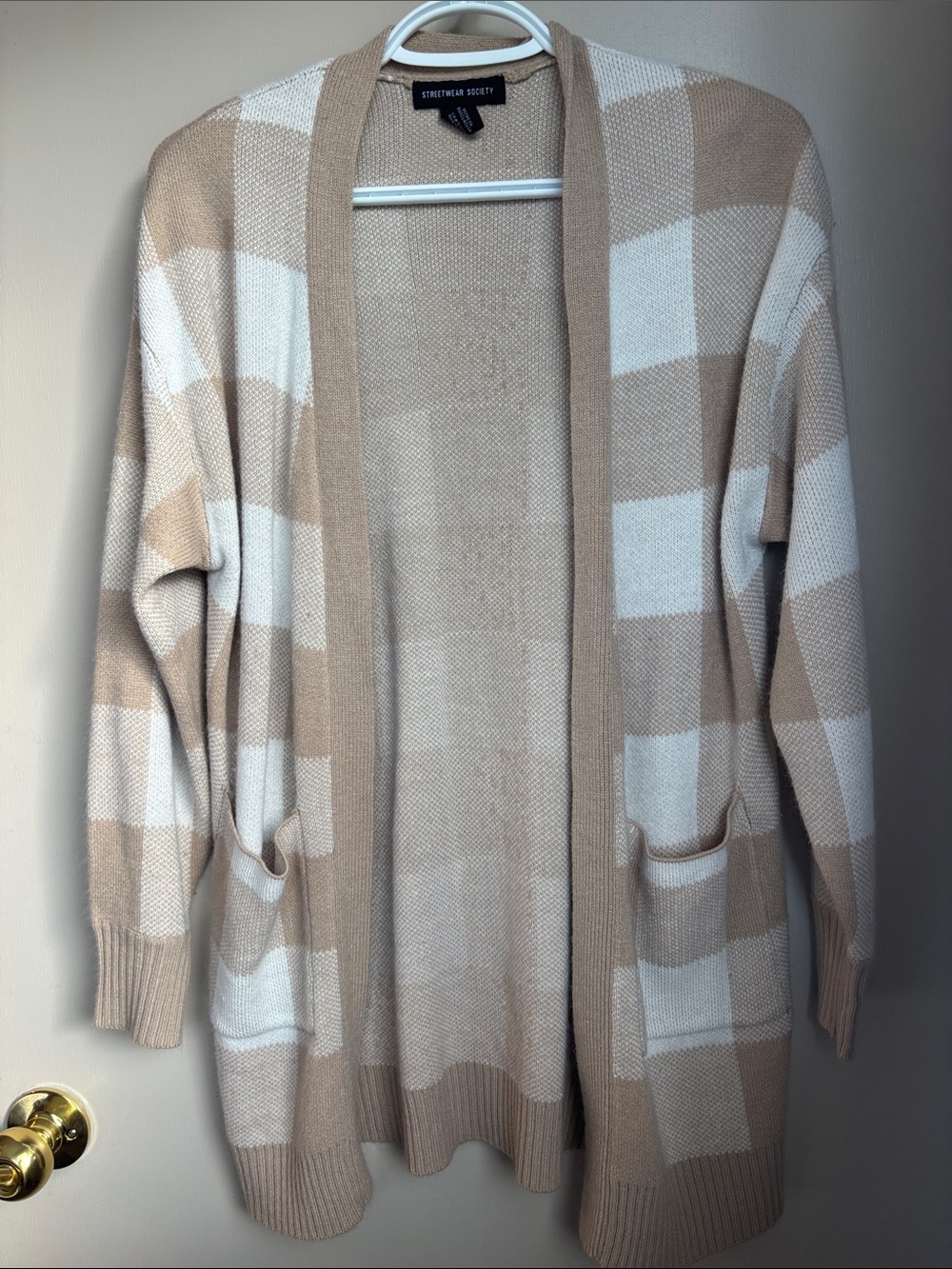 Streetwear Society Beige and Cream Plaid Open Cardigan